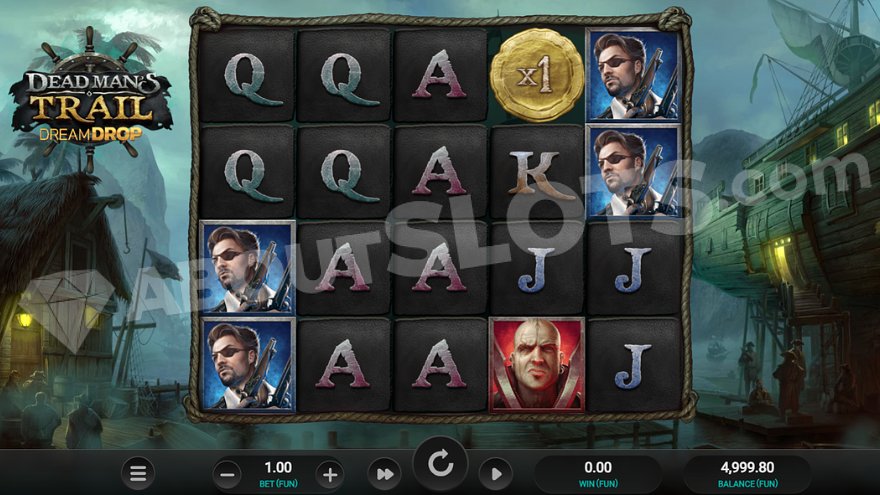 Dead Man's Trail Dream Drop slot game interface with five reels in a misty harbor setting.
