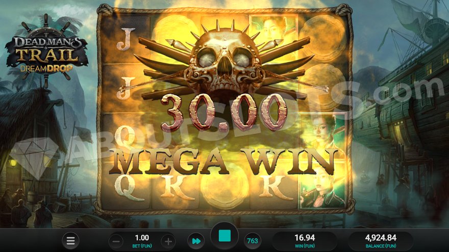 Dead Man's Trail Dream Drop slot displaying a large win with a skull and 'Mega Win' text.