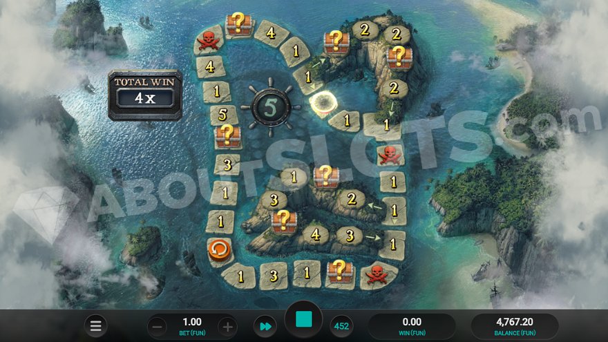 Dead Man's Trail Dream Drop bonus board game interface with a token moving along the trail.