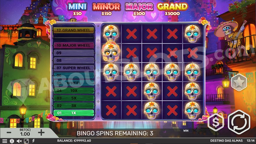 12 scatter symbols on a bingo card during the bonus feature in Destino Das Almas.