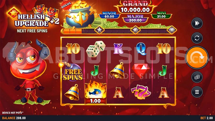 Devil's Hot Pots base game featuring 5 reels and a red devil character.