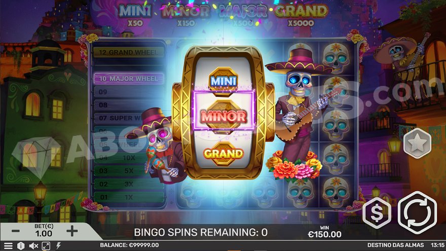 Bonus wheel in the Bingo Bonus feature of Destino Das Almas.