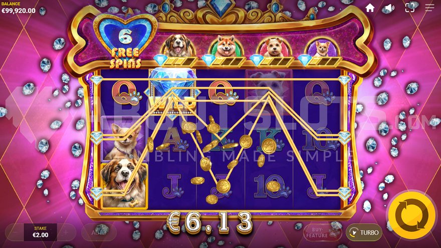 Winning spin with a diamond wild on the second reel during Free Spins.