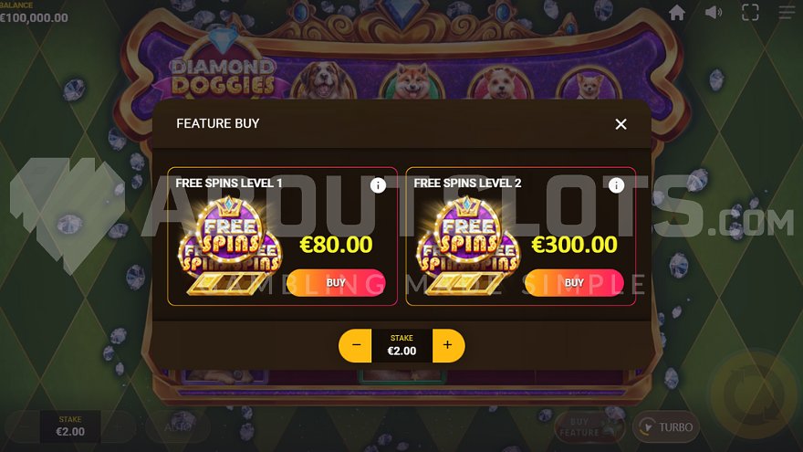 Screen offering to buy free spins for 40x bet and super free spins for 150x bet.