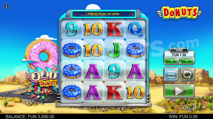 Base game with a large donut to the left of the reels.