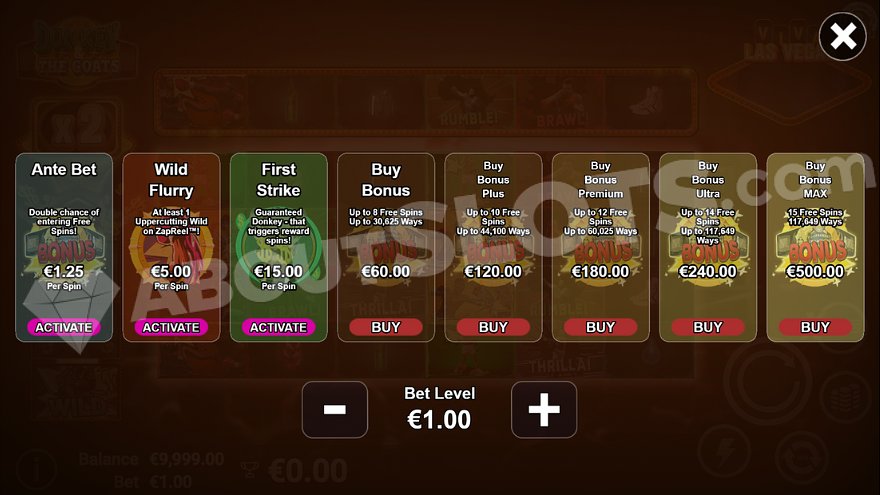 Menu with ante bet, other features, and five free spins options.
