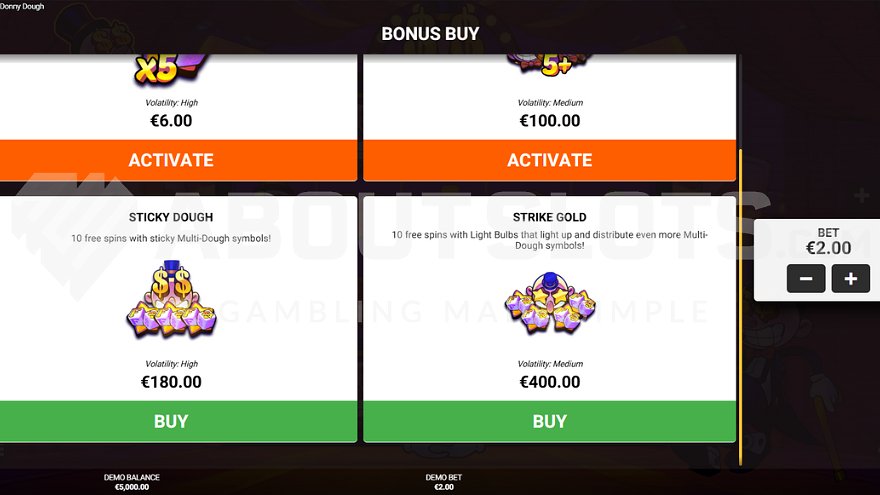 Feature Buy options for Sticky Dough and Strike Gold Free Spins.