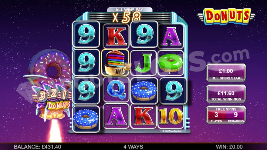 Free spins bonus game with a 58X win multiplier above the reels.
