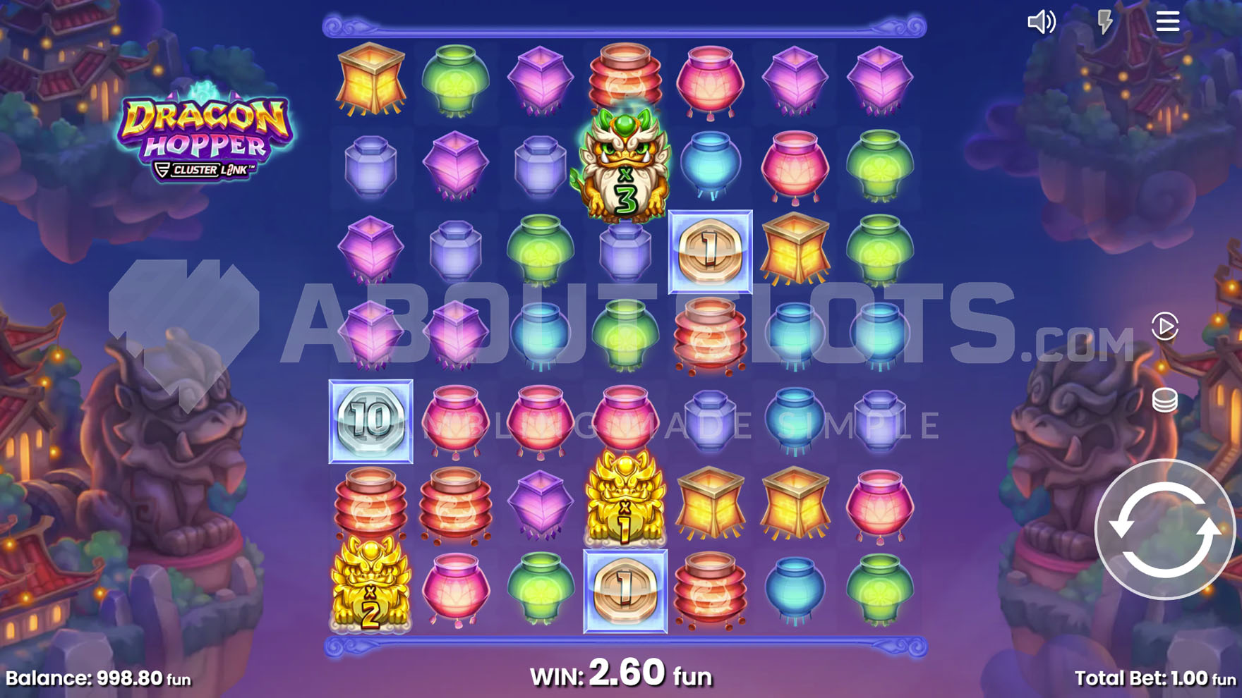 Base game view showing a 7x7 grid with a mix of low and high pay symbols, plus special symbols on the reels.