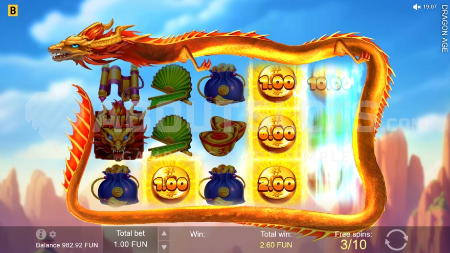 Free Spins bonus game with a dragon encircling the reels.