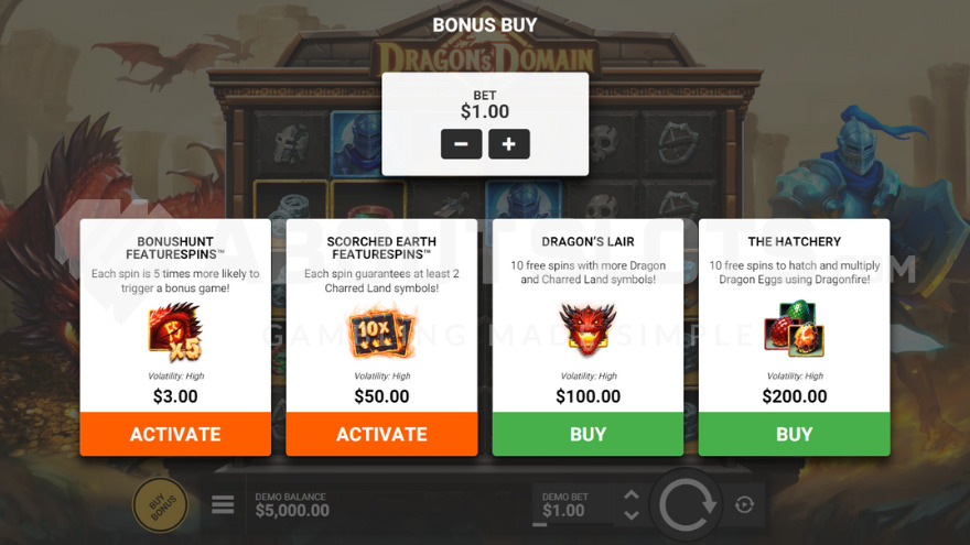 Dragon's Domain Feature Buy options with 4 choices