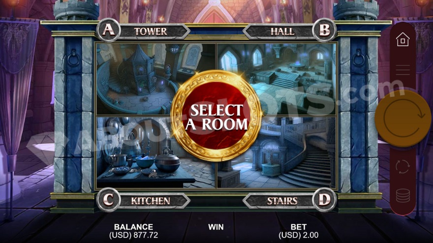 Free Spins feature selection, offering a choice of four different rooms.