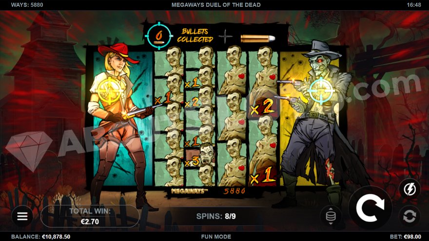 Sheriff woman on the left of the reels shooting zombies on reels 2-5 which are filled with zombie symbols.