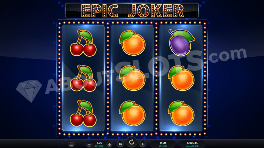 Gameplay of Epic Joker slot with fruit symbols on reels.