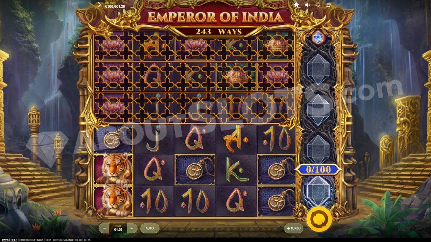 Gameplay in Emperor of India slot with waterfalls backdrop.