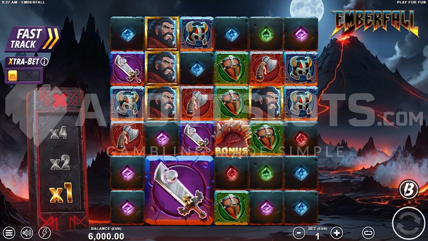 Emberfall slot game base game view.