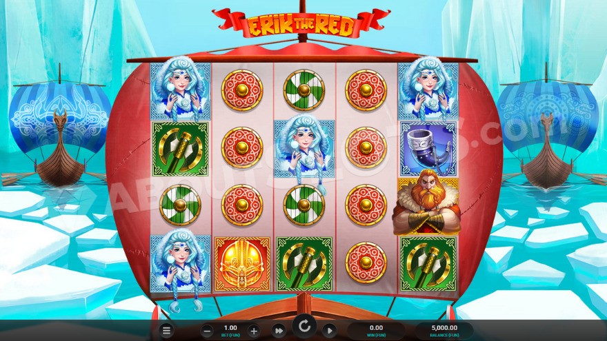 Gameplay in Erik the Red slot featuring Viking ships in the background.