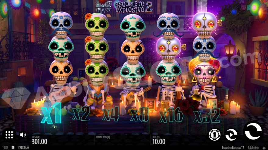 Base game showing various skull symbols on the reels.