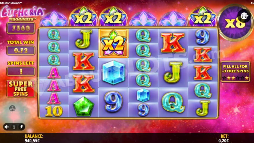Super Free Spins with 3 of 6 stars filled on the meter.