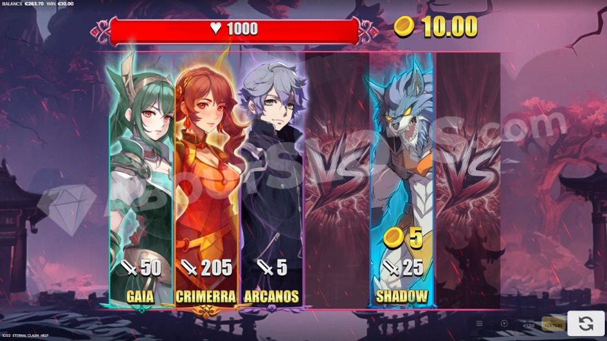 Bonus game with free spins, showing three ally characters and one enemy on the reels.