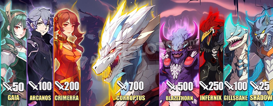 Eight different characters displayed on screen.