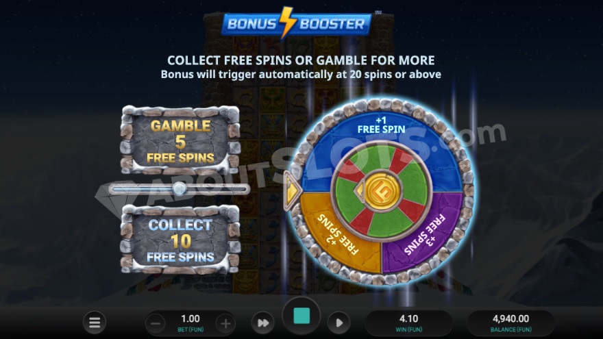 Bonus booster option, giving a chance to gain extra free spins.
