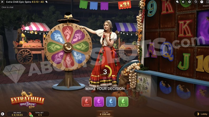 The game host waiting for players to choose a color to spin the Gamble Wheel.