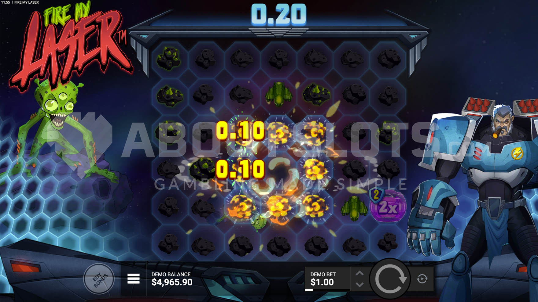 Basic game view with an alien on the left, a soldier on the right, and an explosion on the game field.