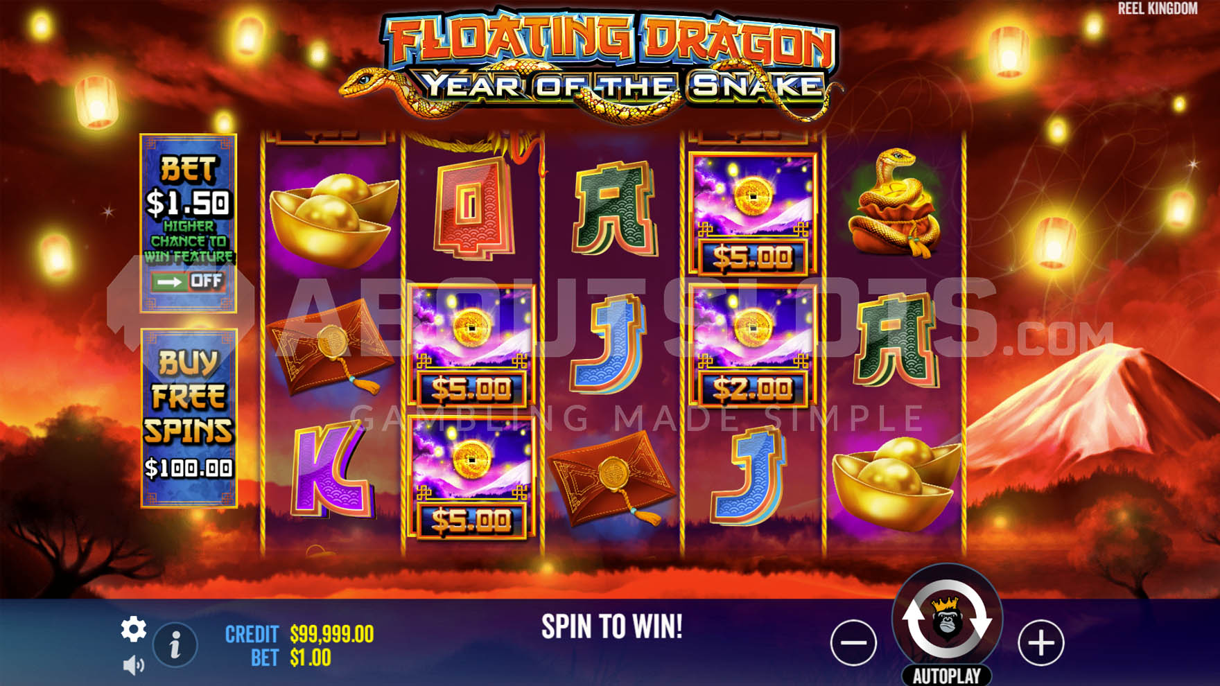 Main game view with 5x3 grid, various symbols, and a red landscape with lanterns in the background.