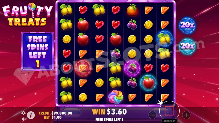 Fruity Treats bonus game with free spins and two 20X multipliers on the right.