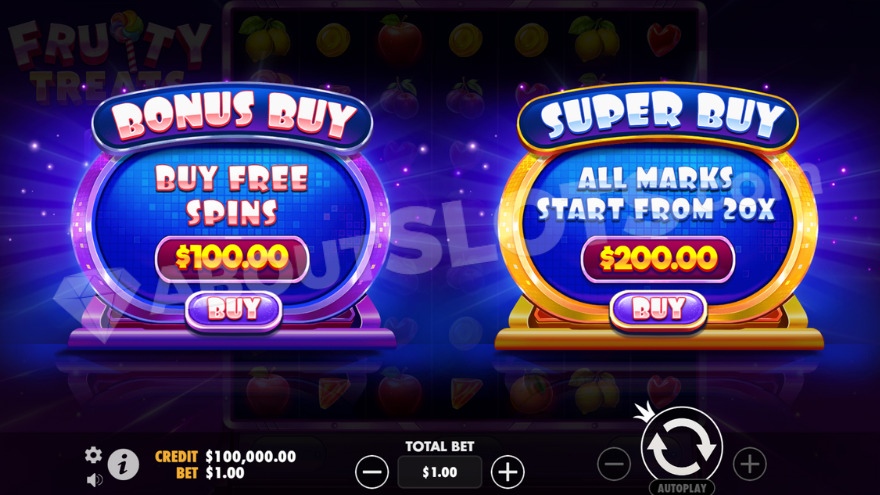 Fruity Treats Bonus Buy feature with two options.