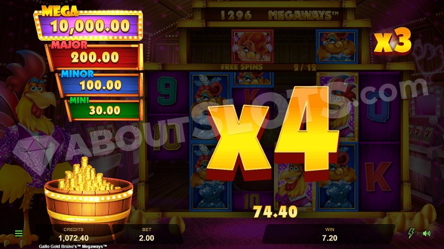 x4 multiplier increasing the win to 74.40 during free spins.