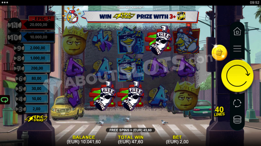 Base game with Epic Strike jackpot visible on the left.