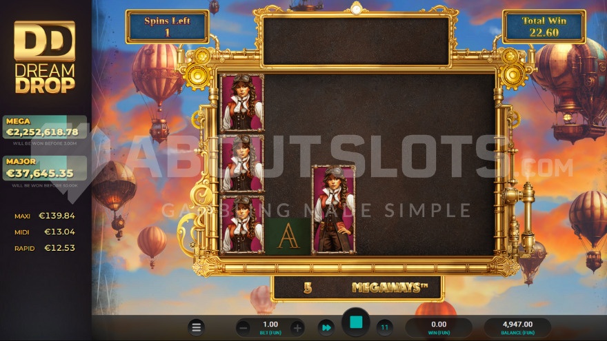 Free Spins bonus game with a backdrop of flying airships.