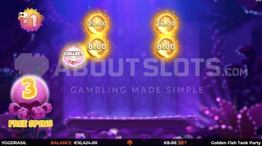 Golden Fish Tank Party free spins feature screenshot with cash prizes