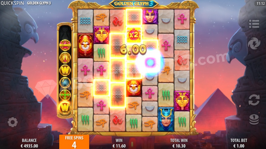 Bonus game featuring free spins and a 2X multiplier on the Golden Glyph symbol.