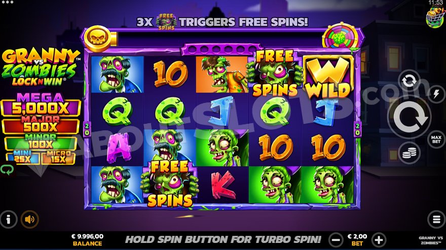 Five reels displaying zombie and card symbols.