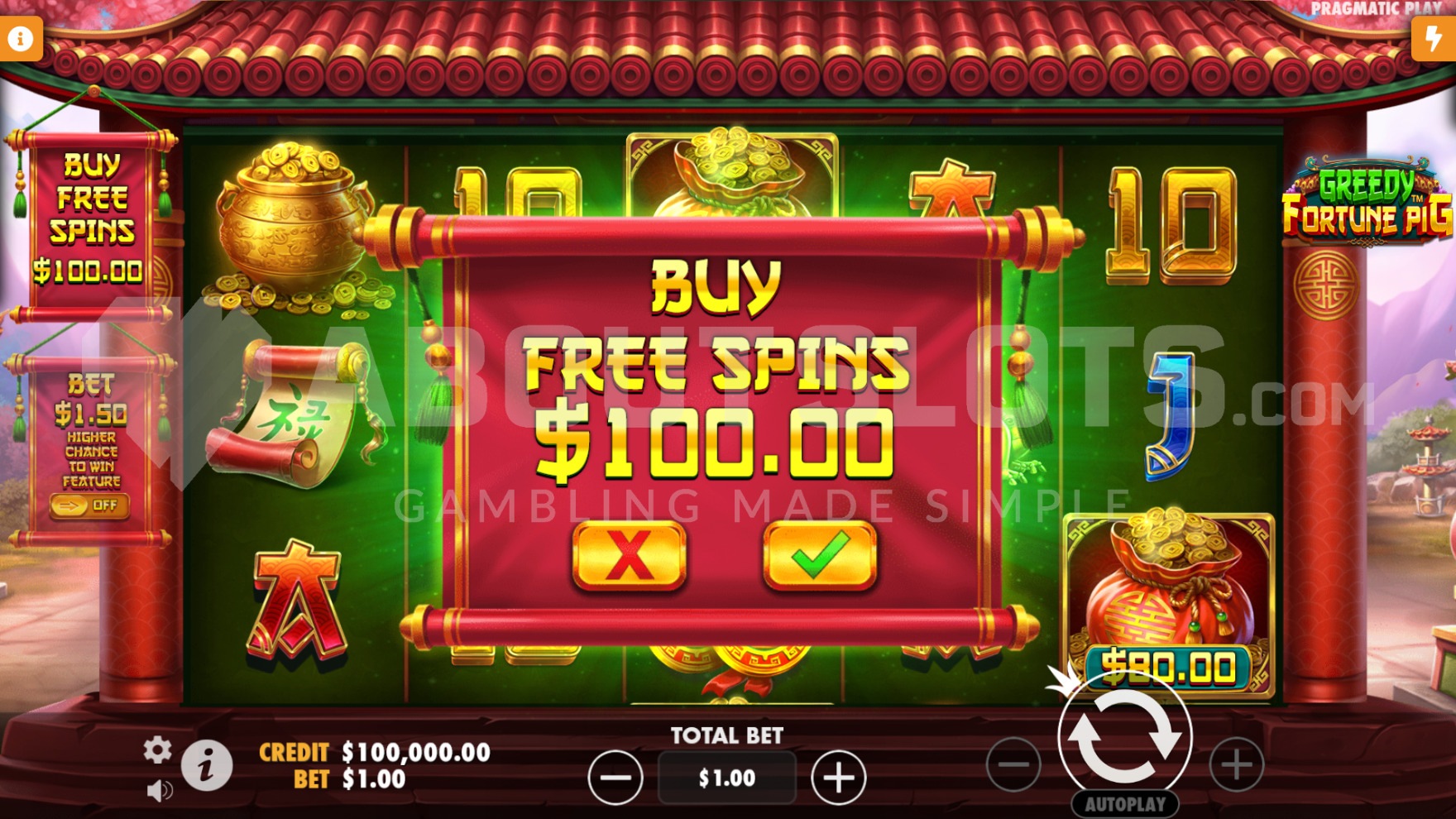 Feature Buy sign located in front of the game reels
