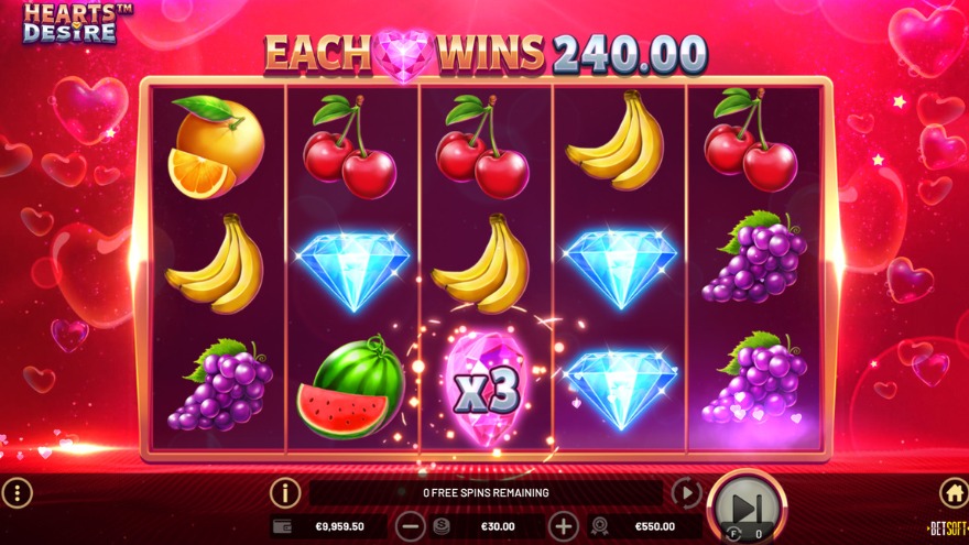 Image of the free spins screen with a red background covered in hearts