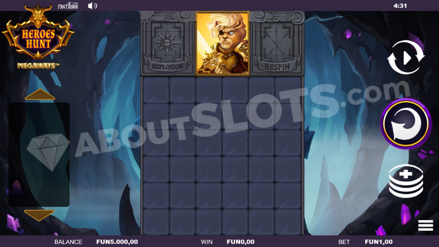 Gameplay in Heroes Hunt Megaways slot featuring a large open cave backdrop.