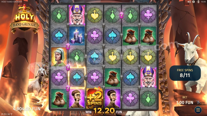 Free Spins bonus game showing a frame and a Holy Hand Grenade on screen.