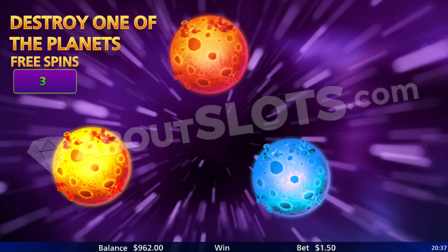 Free Spins initiation in Invaders Takeover, showing planets to be destroyed.