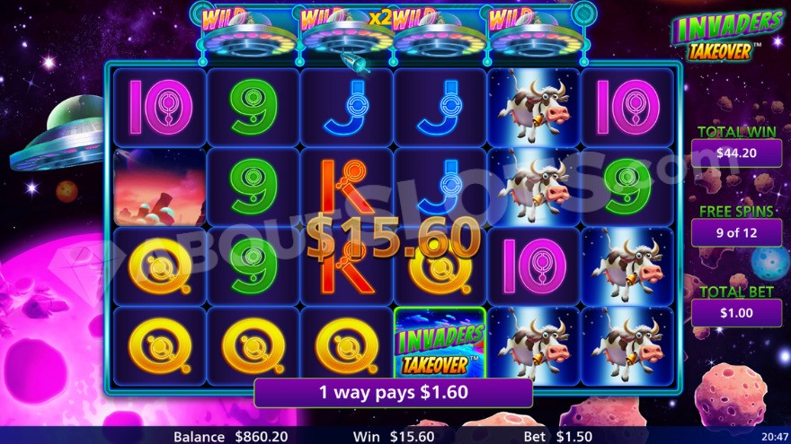 Free Spins feature in Invaders Takeover, displaying total winnings on the right.