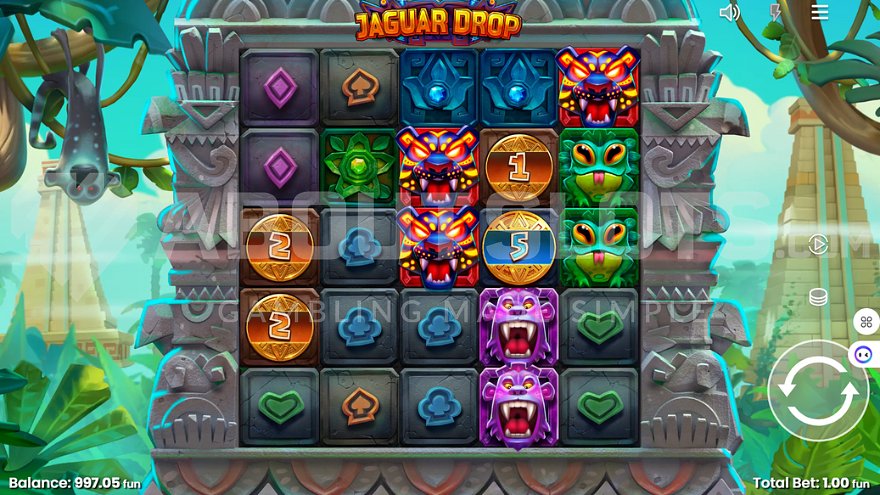 Stone symbols in a jungle setting in the main game of the Jaguar Drop slot.