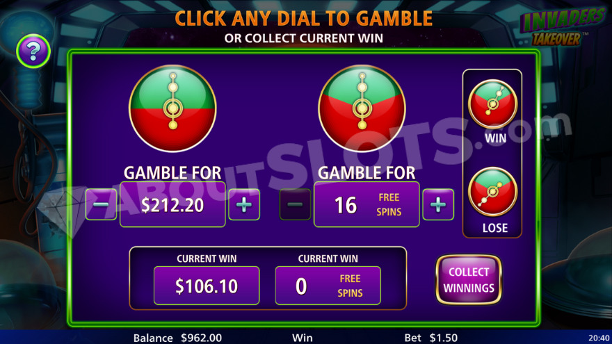 Gamble feature in Invaders Takeover, offering a risk to increase winnings or trigger free spins.