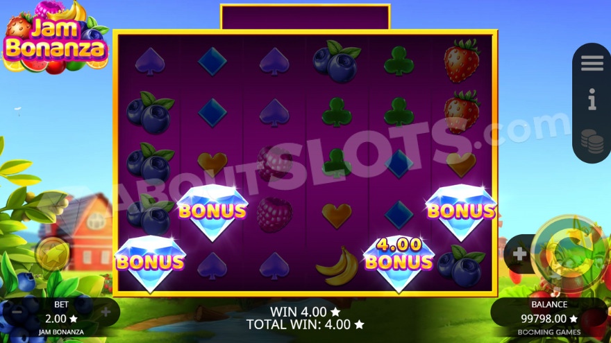 Free Spins feature activation with four scatter symbols on the reels.