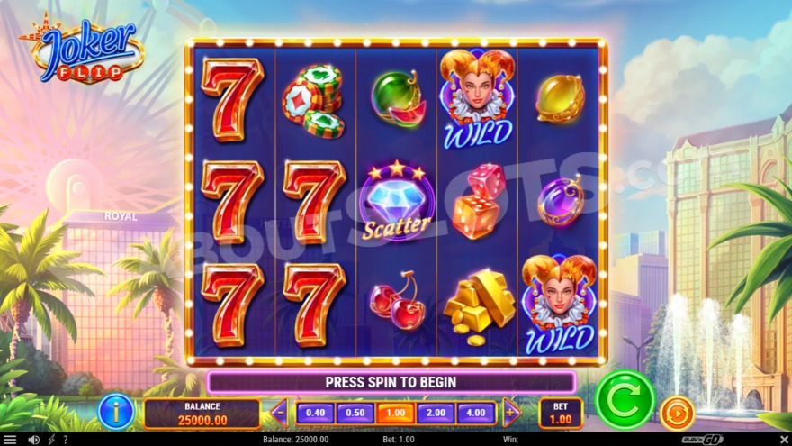 Joker Flip slot main gameplay view with Las Vegas backdrop.