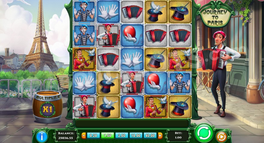 Base game with the Eiffel Tower to the left of the reels.