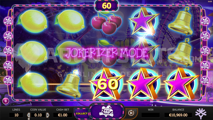 Jokerizer base game with activated Jokerizer mode and a win from three matching star symbols.