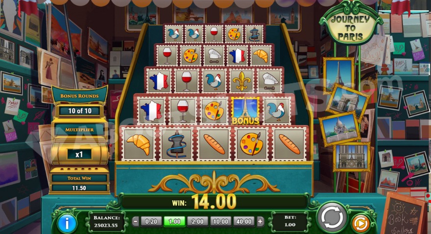 Bonus game with free spins, displaying various symbols related to France on the reels.